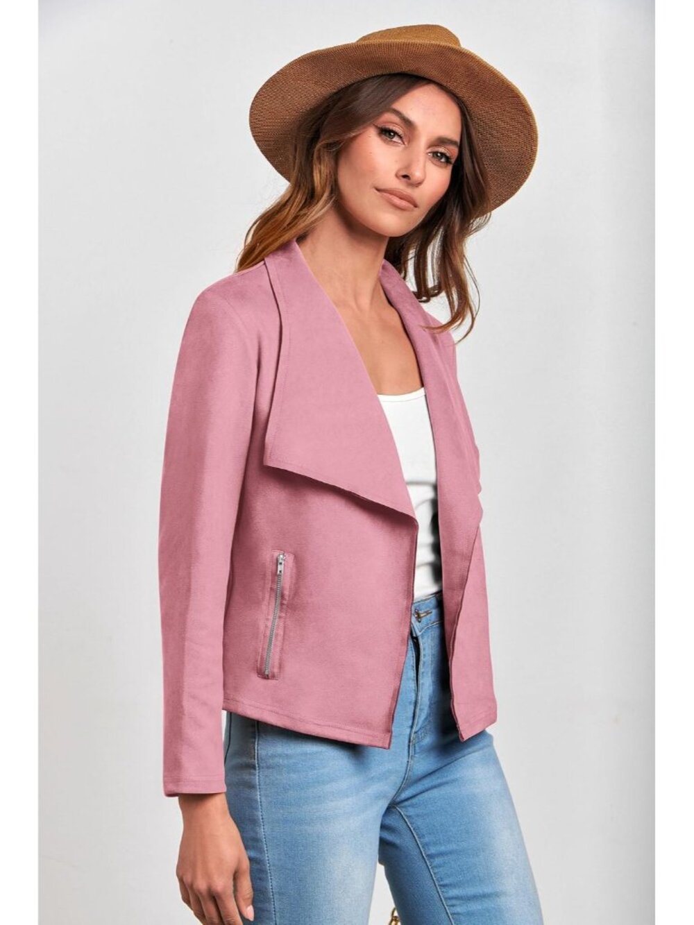 Women’s Pink Faux Suede Waterfall Collar Front Imported Cropped Jacket - Picture 3 of 6